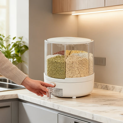 Contenitore Rotante per Cereali | PET | 6 Scomparti Antiumidità | Design a Tappo Ribaltabile Rotondo | Lavaggio Manuale Solo per Alimenti Secchi | 4,5 L (L. D. 22 X 25 cm)