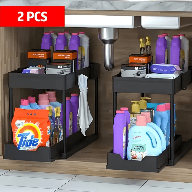 2 Pezzi Organizzatori e Contenitori Sottolavello, Organizer a 2 Ripiani con Ganci, Contenitori e Organizzatori Multiuso Sottolavello per Bagno e Cucina