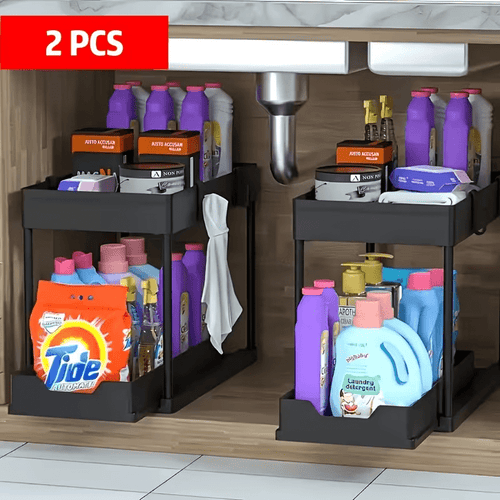 2 Pezzi Organizzatori e Contenitori Sottolavello, Organizer a 2 Ripiani con Ganci, Contenitori e Organizzatori Multiuso Sottolavello per Bagno e Cucina