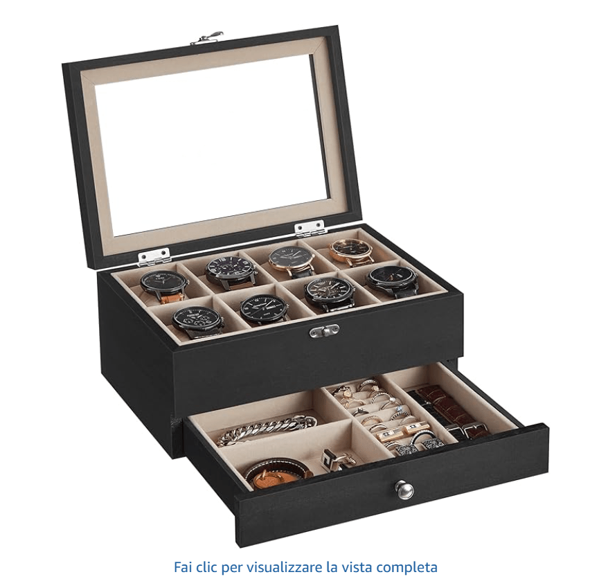 Scatola Porta Orologi in Legno, Custodia per Orologi Meccanici e Gioielli a 8 Scomparti con Coperchio in Vetro, Fodera in Velluto, Inserti Imbottiti, Organizzatore per la Casa, Scelta Regalo Ideale, Scatola Regalo di Natale