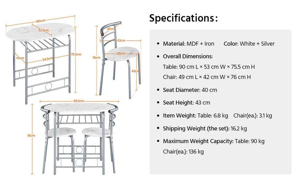 Costoffs Set Tavolo e 2 Sedie da Bar e Sala da Pranzo in Legno e Metallo per Cucina Balcone Piccoli Spazi Sedia Portata 136 kg