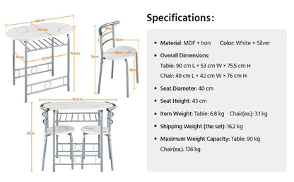 Costoffs Set Tavolo e 2 Sedie da Bar e Sala da Pranzo in Legno e Metallo per Cucina Balcone Piccoli Spazi Sedia Portata 136 kg