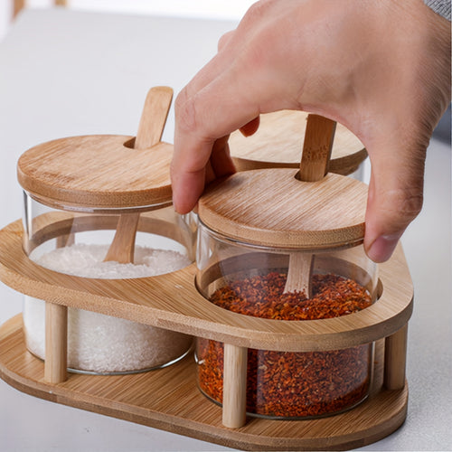 Magnatini da condimento in vetro trasparente con supporti triangolari, cucchiaio e coperchio in bambù, set di tre, 280ml × 3, adatti per sale, zucchero, spezie, , per cucina, magazzino locale