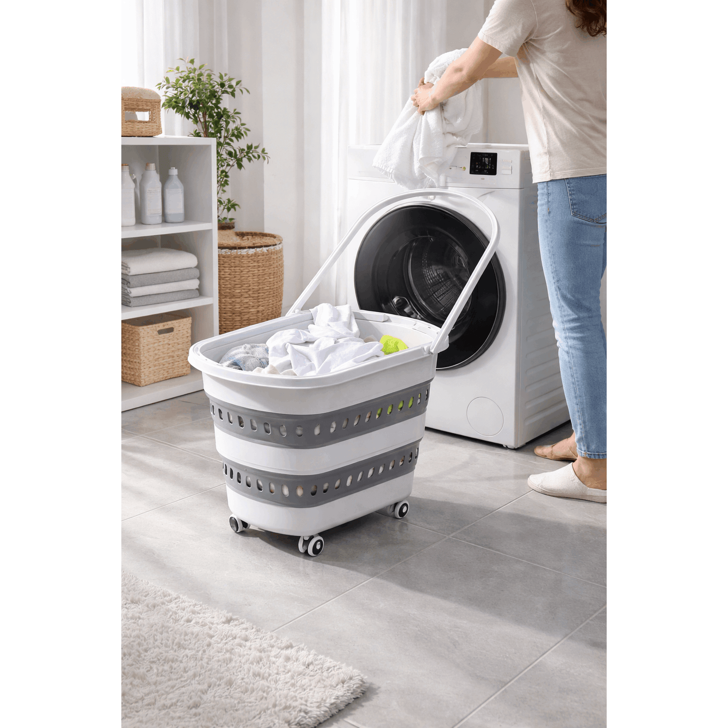 Cesto per il bucato retrattile e pieghevole con ruote - 45 litri - Bianco Grigio