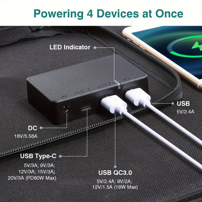 Caricatore Portatile Pieghevole a Pannello Solare Ricarica Rapida con USB-C PD3.0 USB QC3.0 DC 18V Leggero con Supporto per Campeggio Centrale Elettrica Generatore Solare Power Bank per Telefoni Cellulari, Senza Batteria