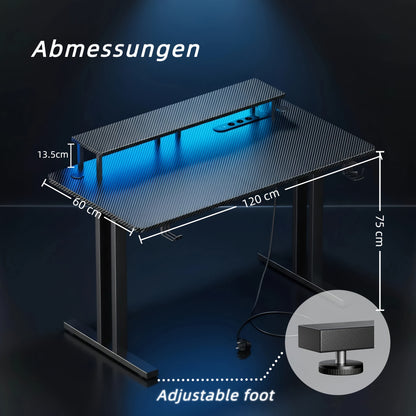 Scrivania Gaming RGB LED con Prese Elettriche e Supporto per Monitor, Postazione Ergonomica per Computer, Ampio Piano in Fibra di Carbonio per Ufficio Domestico con Portabicchieri e Gancio per Cuffie, Nero