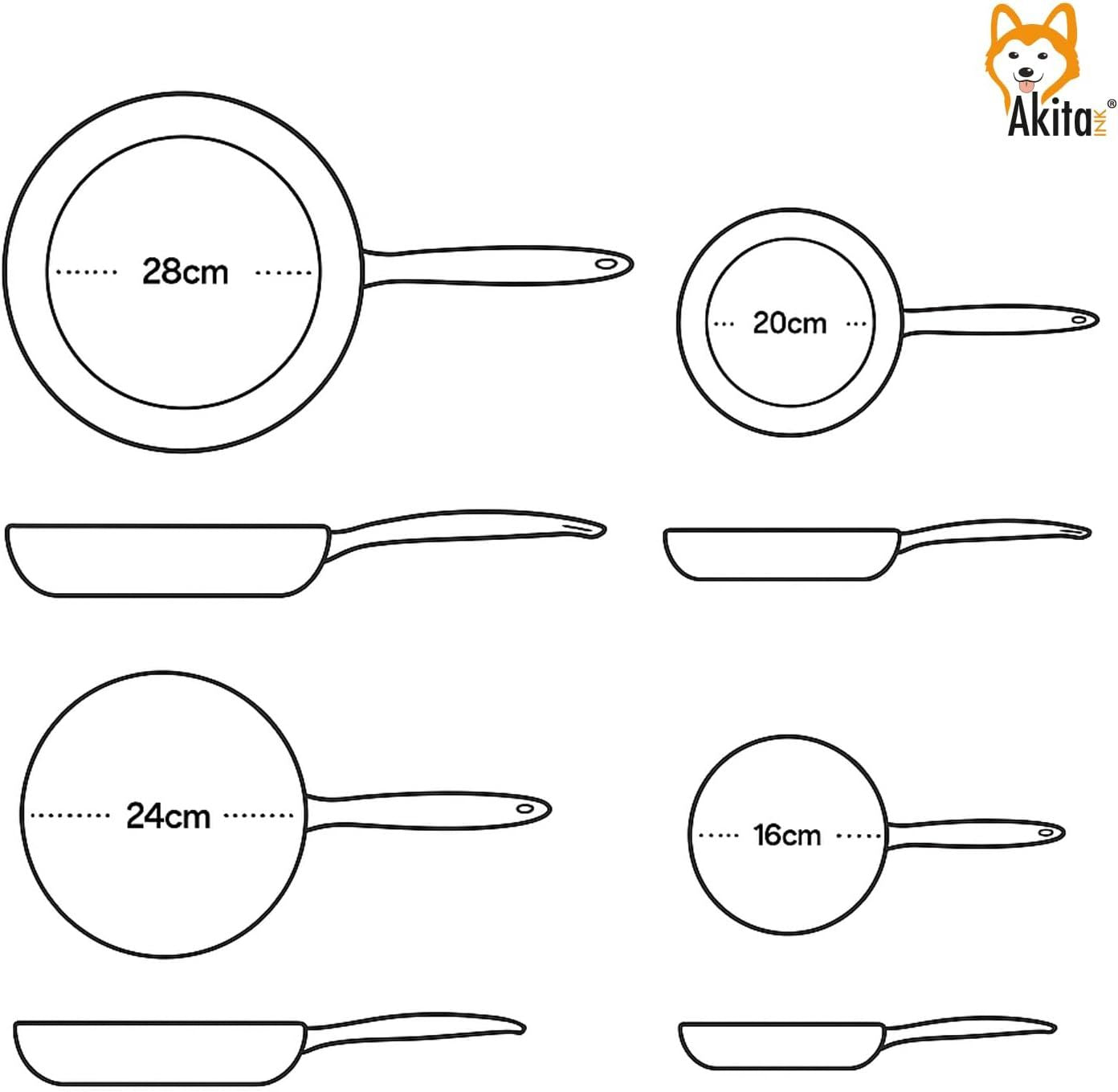 AKITAInk Set 4 Padelle Antiaderenti 16-20-24-28cm | Alluminio Leggero, Rivestimento PFOA Free, Fondo Antiaderente, Manici Soft Touch Made in Italy
