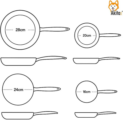 AKITAInk Set 4 Padelle Antiaderenti 16-20-24-28cm | Alluminio Leggero, Rivestimento PFOA Free, Fondo Antiaderente, Manici Soft Touch Made in Italy