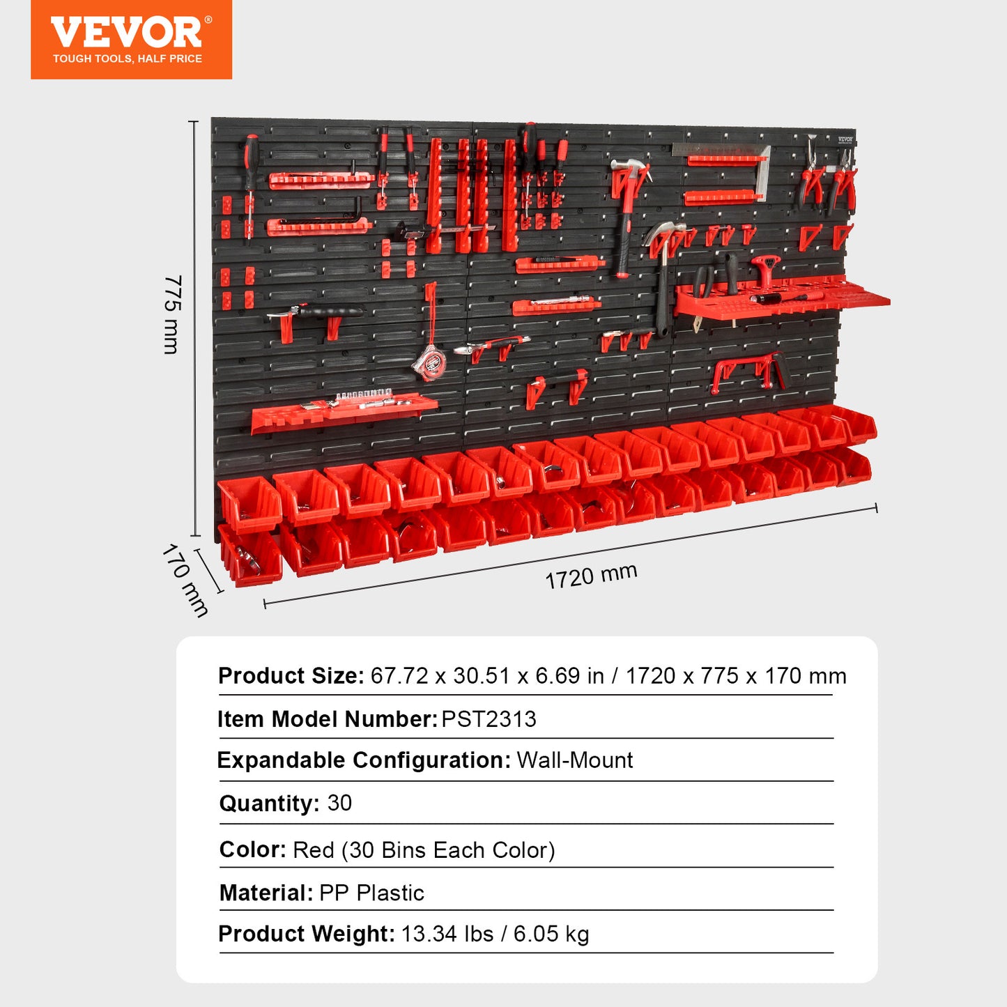 VEVOR Contenitori da parete, Scaffale organizzatore per pezzi da 30 scomparti, Attrezzo da officina in plastica per garage con pannelli a muro/portautensili/ganci, Organizzatore di utensili per dadi, bulloni, viti, chiodi, perline, bottoni, Nero e Rosso