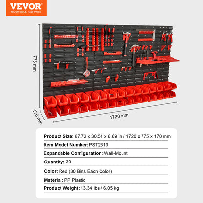 VEVOR Contenitori da parete, Scaffale organizzatore per pezzi da 30 scomparti, Attrezzo da officina in plastica per garage con pannelli a muro/portautensili/ganci, Organizzatore di utensili per dadi, bulloni, viti, chiodi, perline, bottoni, Nero e Rosso