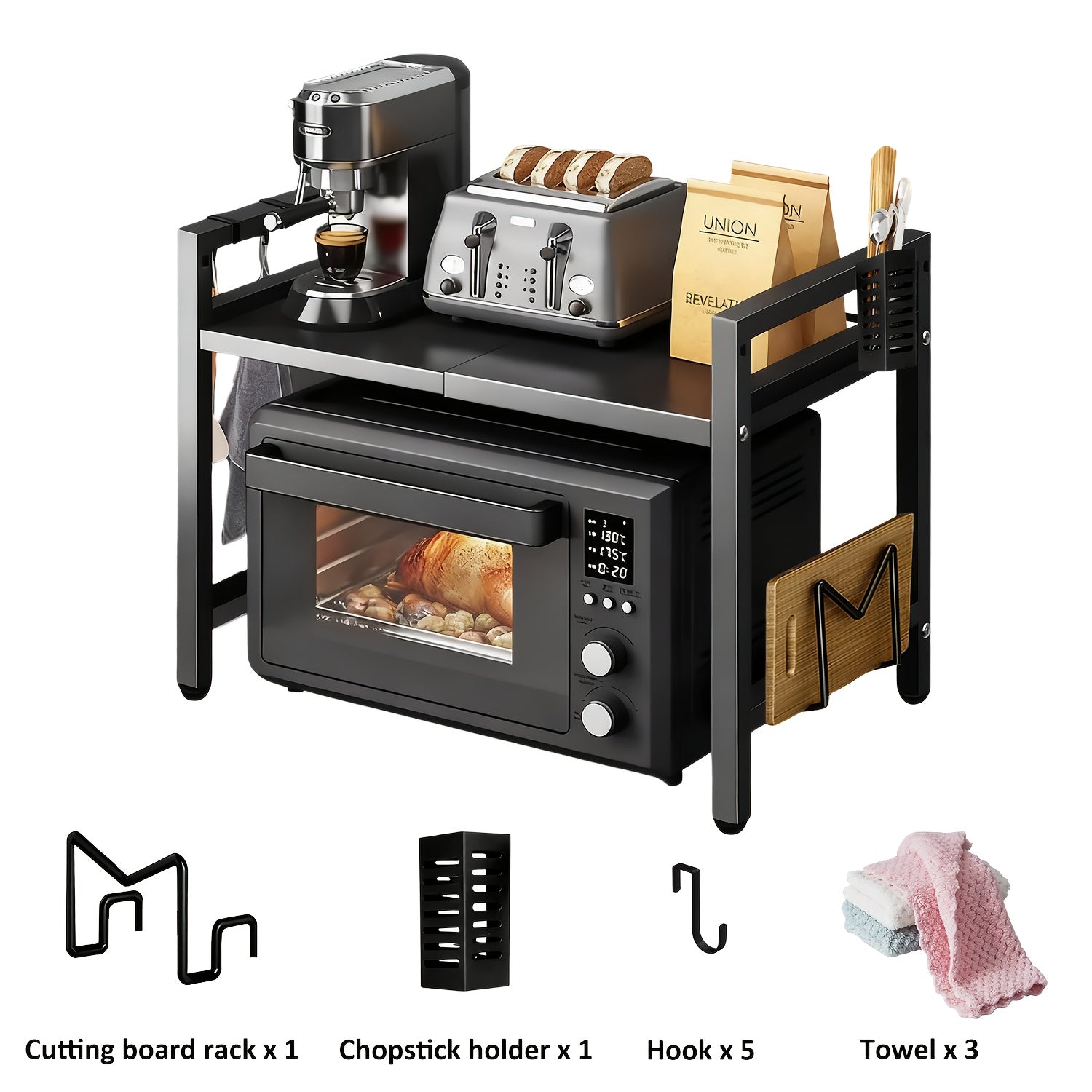 Scaffale Estensibile per Microonde, Scaffale a 2 Ripiani per Microonde con 3 Asciugamani, 5 Ganci, Porta Bacchette e Porta Tagliere, Organizer da Cucina, Scaffale per Cottura a Microonde, Piano di Lavoro, Estensibile 40-64 Cm (Nero, Bianco)