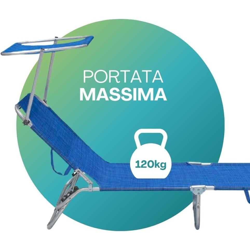 2 Lettini Prendisole Pieghevoli con Tetto Parasole, Misura 180x55x90 cm, Tessuto Textilene, Struttura Metallo Tubolare da 18mm, per Spiaggia, Piscina, Giardino, Peso Max 120kg