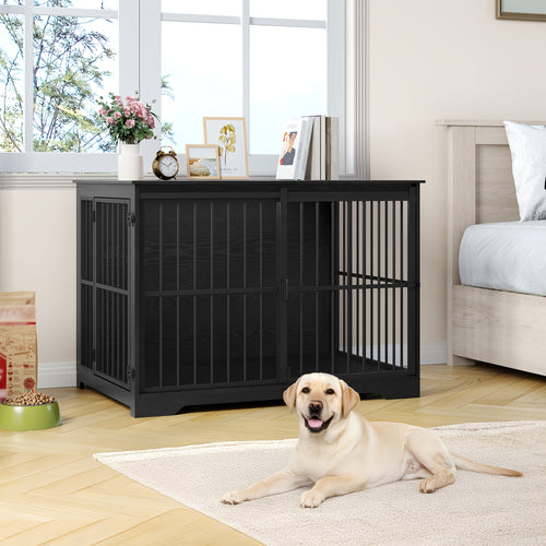 Gabbia per Cani Arredo, 110cm Gabbia per Cani, Cuccia Moderna Interna a Doppia Porta per Razze Medie e Grandi, Tavolino Laterale con Porte Scorrevoli Rinforzate 110 × 65 × 81cm