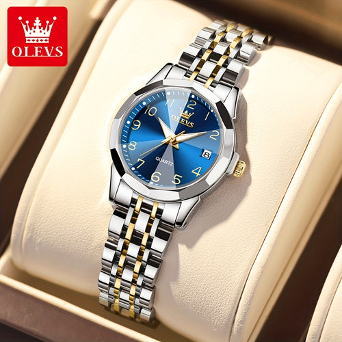 OLEVS Orologio da Donna Classico Moda Analogico Quarzo Donna Orologio Elegante Lusso Piccolo Quadrante Cinturino in Acciaio Inossidabile Luminoso con Calendario Data Orologi da Donna Regali Romantici per Lei Orologio da Donna Quadrante Blu/Bianco/Dorato