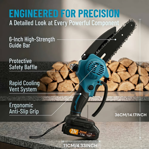 Jemi Tool 2025 Nuova Motosega Elettrica Senza Filo ad Alta Velocità da 6 Pollici Aggiornata, Sistema di Lubrificazione Automatica, Dotata di Batteria 1/2*1.5Ah, Catena 1/2, Adatta per il Taglio di Legno e Rami. Un Regalo Eccellente per Tuo Padre o Marito.