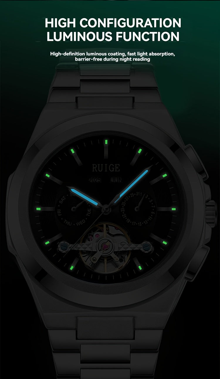 Orologio da uomo elegante automatico meccanico con cinturino in acciaio inossidabile, con funzioni business e sportive, display multipli, calendario, lancette luminose e design scheletrato. Un regalo perfetto per uomo.