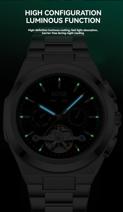 Orologio da uomo elegante automatico meccanico con cinturino in acciaio inossidabile, con funzioni business e sportive, display multipli, calendario, lancette luminose e design scheletrato. Un regalo perfetto per uomo.