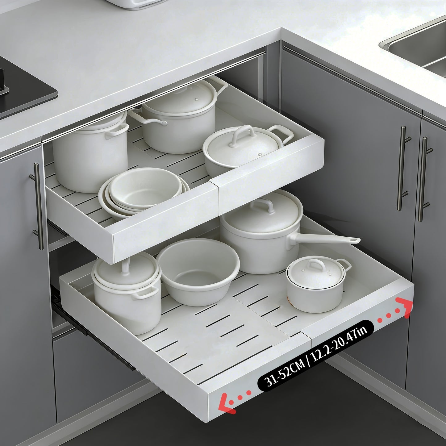 Organizzatore per pensili estraibile espandibile per carichi pesanti, con 3 guide silenziose, larghezza regolabile (30,99 cm-51,99 cm), adatto per pensili da cucina, ripiani estraibili per pensili