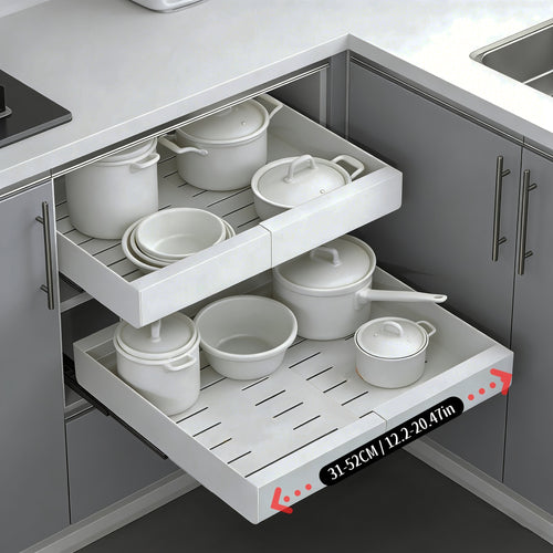 Organizzatore per pensili estraibile espandibile per carichi pesanti, con 3 guide silenziose, larghezza regolabile (30,99 cm-51,99 cm), adatto per pensili da cucina, ripiani estraibili per pensili