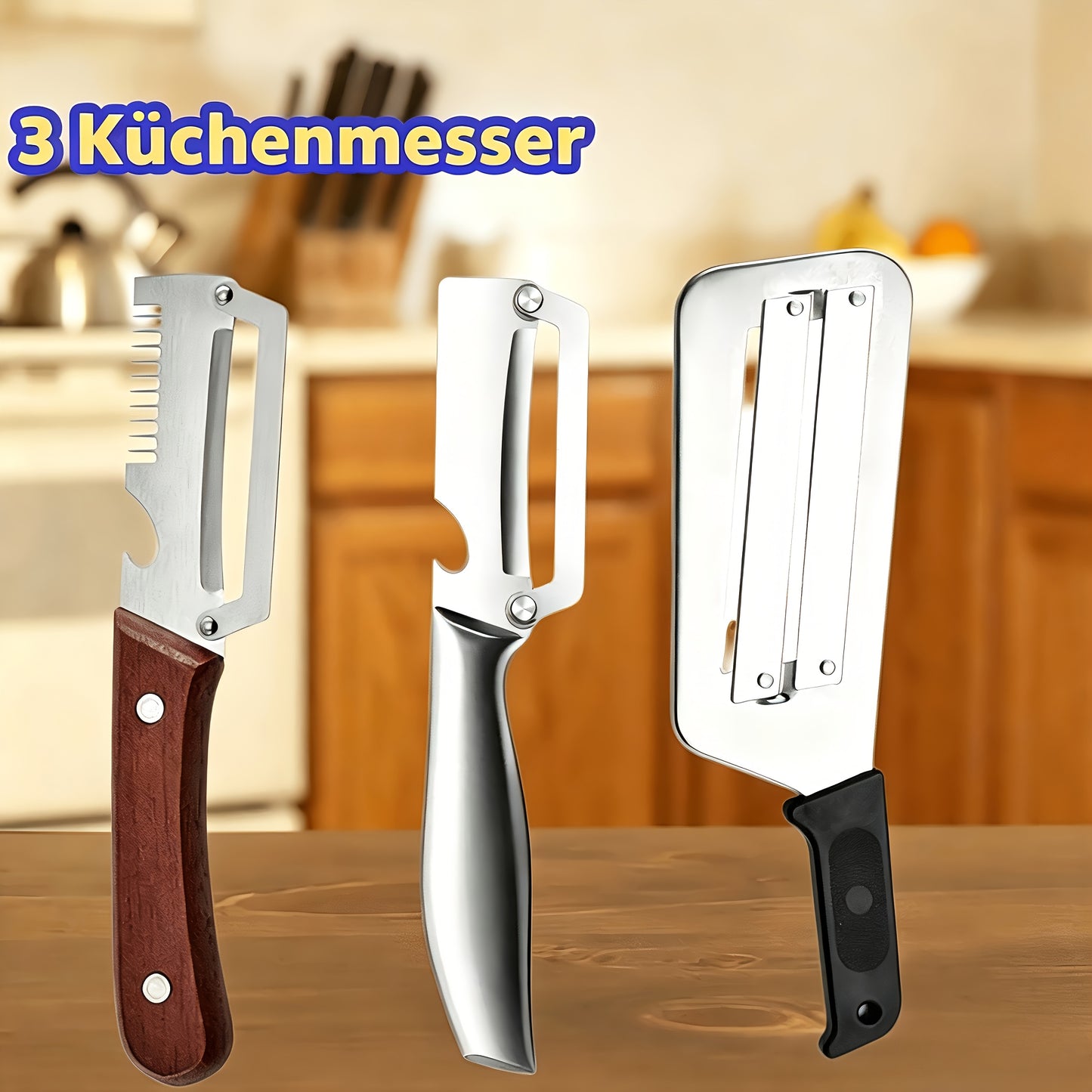 Set da 3 pezzi pelapatate e affettatrice premium in acciaio inossidabile, coltelli da cucina multifunzionali per sbucciare patate e tritare cavolo, utensili da cucina domestici essenziali