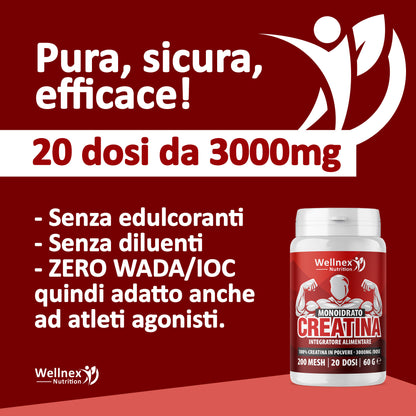 Creatina Monoidrato 3000mg / dose | 60g - 20 Dosi | Creatina in Polvere 200 Mesh | Purezza 99,9 Min. Integratore alimentare a base di Creatina
