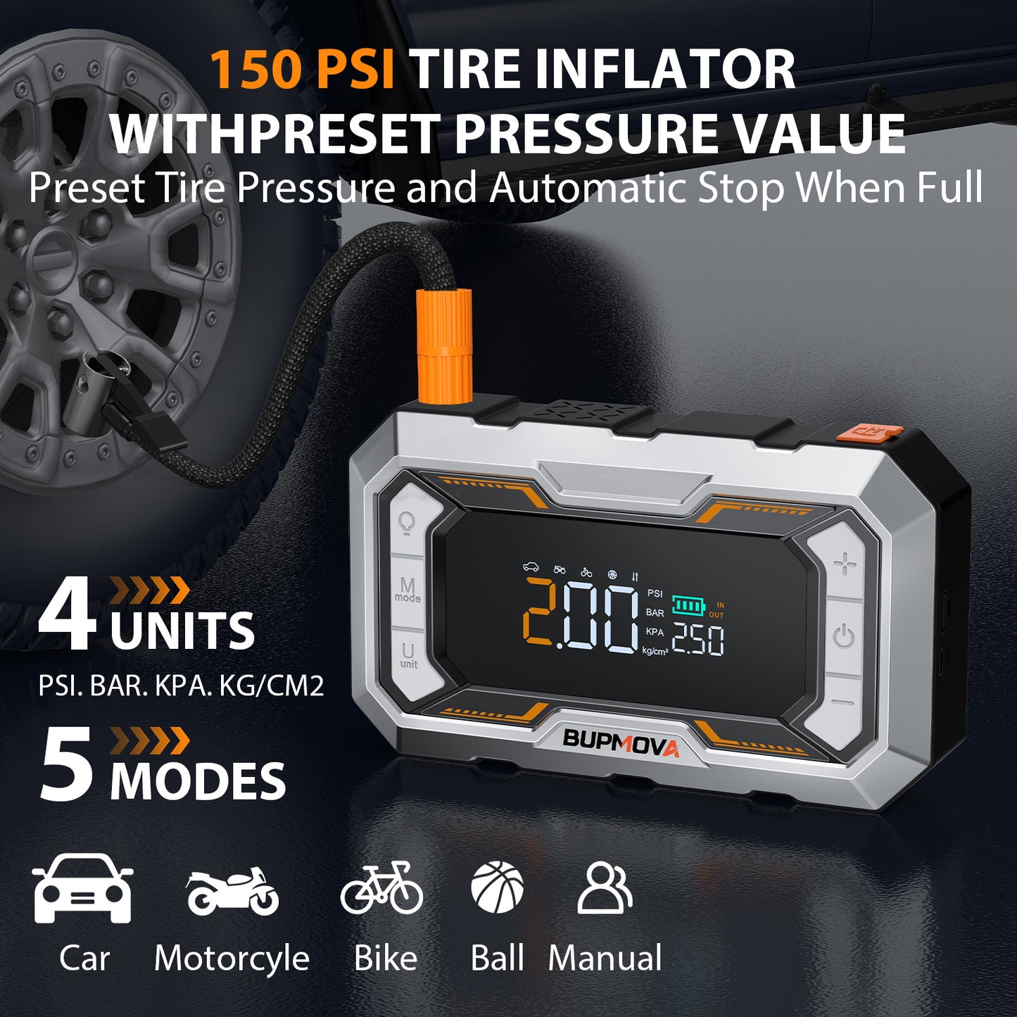 Avviatore di emergenza per auto 8000A con compressore d'aria, pompa di gonfiaggio cordless per pneumatici, booster di batteria con power bank e torce a LED, doppio display della pressione dell'aria