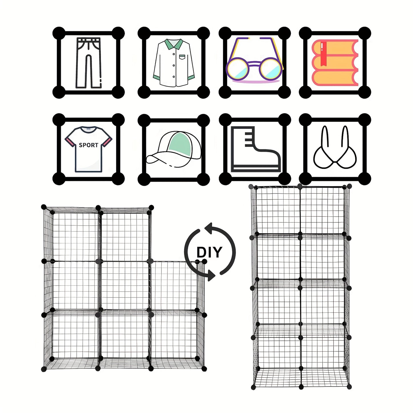 1 pezzo Scaffale Moderno, Scaffale, Design a Cubo con Ripiani Inseribili, Ripiani in Filo Regolabili Individualmente, 16 Scomparti, Realizzato in Filo Nero, Scaffale Autoportante
