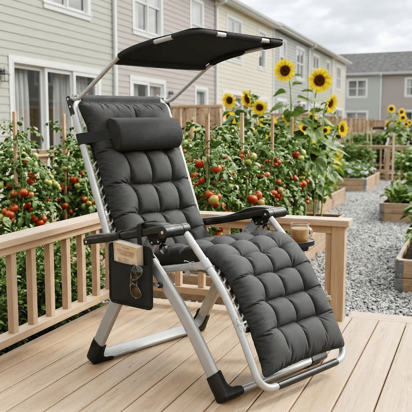 Lettoie ad angolo con tendalino pieghevole, reclinabile, extra large, schienale regolabile, cuscino ergonomico imbottito, cuscino per il collo, tasche laterali, portabicchieri, grigio nero, grigio chiaro, beige