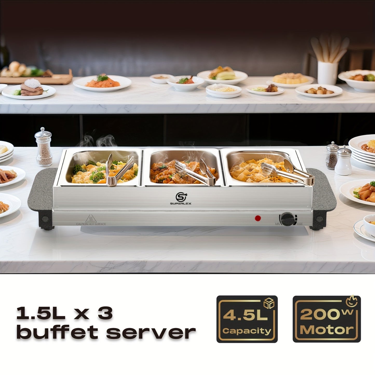 SUPERLEX Buffet Elettrico con Scaldavivande, Dotato di Tre Pentole da 1.5L, un Design Spazioso in Acciaio Inox, una Piastra Riscaldata con Coperchi Rimovibili, Impostazioni di Temperatura Regolabili e una Vassoio Riscaldante Portatile per Mantenere il Cal