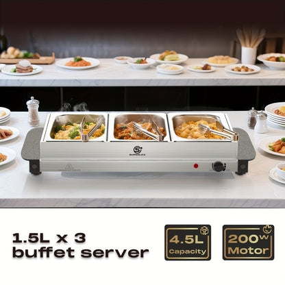 SUPERLEX Buffet Elettrico con Scaldavivande, Dotato di Tre Pentole da 1.5L, un Design Spazioso in Acciaio Inox, una Piastra Riscaldata con Coperchi Rimovibili, Impostazioni di Temperatura Regolabili e una Vassoio Riscaldante Portatile per Mantenere il Cal