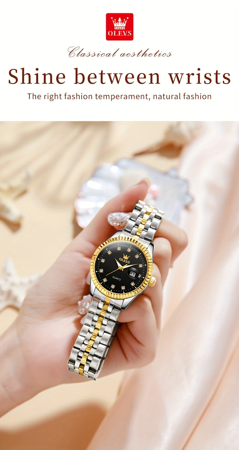 OLEVS Orologio da Donna Classico Business Dress Analogico Quarzo per Donne Elegante Lusso Acciaio Inossidabile Rheinstone Orologi da Donna Luminosi con Calendario Data per Donna Orologio da Polso Regali Romantici Reloj Para Mujer Quadrante Nero/Bianco/Dor