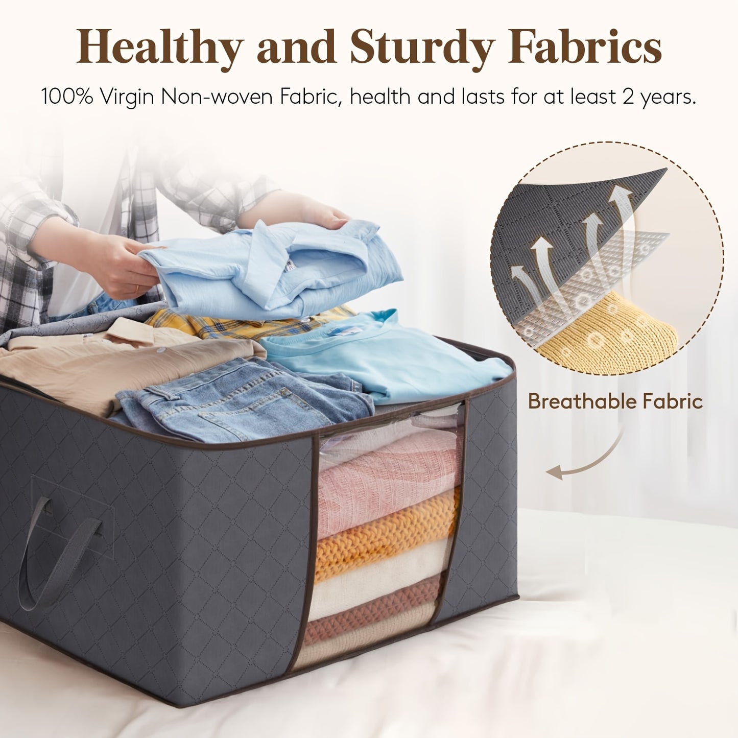 Confezione da 4/8/10 sacchi portaoggetti da 90L, scatola portaoggetti con coperchio, organizzatore per armadio, contenitori pieghevoli per vestiti, cartoni da trasloco con maniglia rinforzata per coperte da letto, vestiti, coperta, grigio, contenitore per