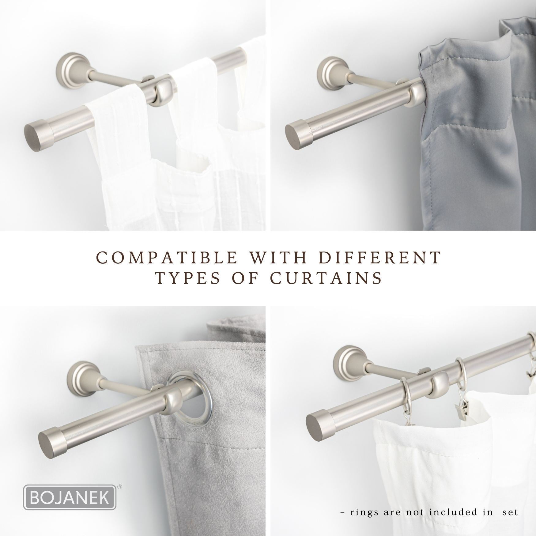 Asta per Tende a Parete in Metallo – BOJANEK – 4 Colori, 8 Lunghezze (120 - 600 cm) – Asta per Tende Resistente, Regolabile, Durevole per Soggiorno, Camera da Letto, Cucina, Bagno, Ufficio; Perfetta per Interni Moderni, Classici, Scandinavi, Loft, Industr