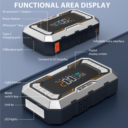 Avviatore di emergenza per auto 8000A con compressore d'aria, pompa di gonfiaggio cordless per pneumatici, booster di batteria con power bank e torce a LED, doppio display della pressione dell'aria