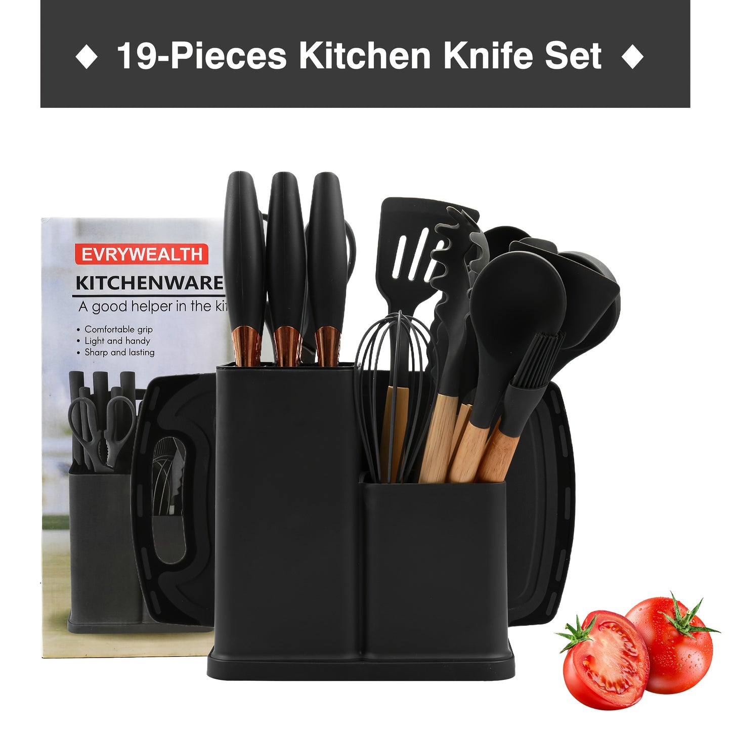 Set da 19 pezzi, Coltello da cucina, Set da cucina, Set di utensili da cucina (con manici in legno), Set di cottura di sicurezza, Set di utensili da cucina antiaderenti, Pentole moderne lavabili, Utensili da cucina, Adatto per regali di Natale e Halloween