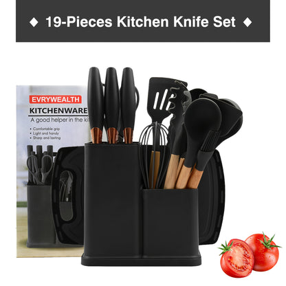 Set da 19 pezzi, Coltello da cucina, Set da cucina, Set di utensili da cucina (con manici in legno), Set di cottura di sicurezza, Set di utensili da cucina antiaderenti, Pentole moderne lavabili, Utensili da cucina, Adatto per regali di Natale e Halloween
