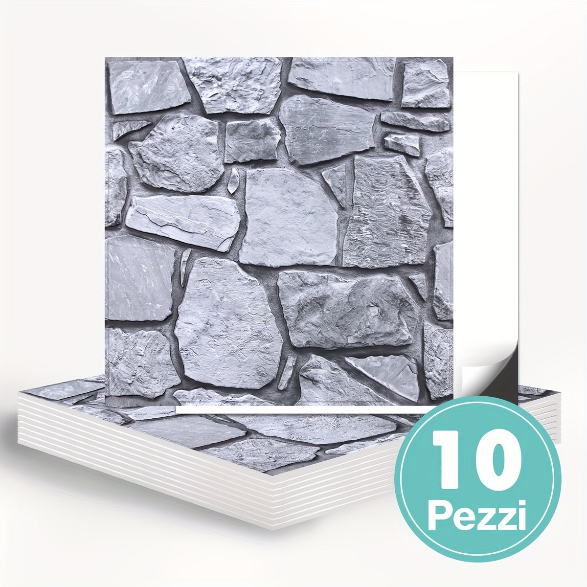 Questo pacchetto include dieci pannelli murali 3D autoadesivi con superficie in PVC effetto pietra, ciascuno misurato 30 per 30 centimetri, progettati per decorare pareti interne.