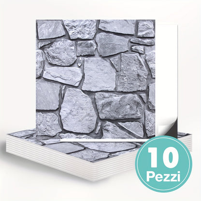 Questo pacchetto include dieci pannelli murali 3D autoadesivi con superficie in PVC effetto pietra, ciascuno misurato 30 per 30 centimetri, progettati per decorare pareti interne.