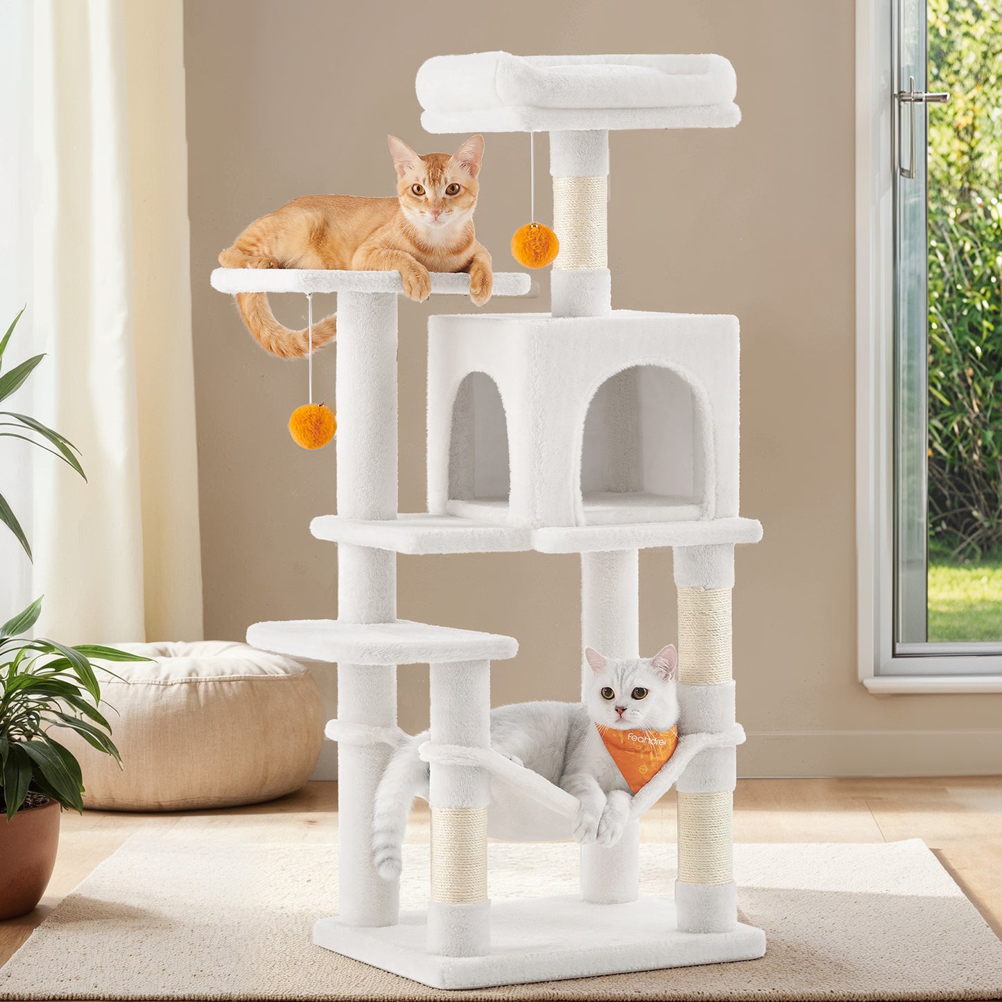 Albero per Gatti Multi Livello, Torre Tiragraffi per Gatti con 4 Pali Tiragraffi, Amaca, Grotta, Giochi