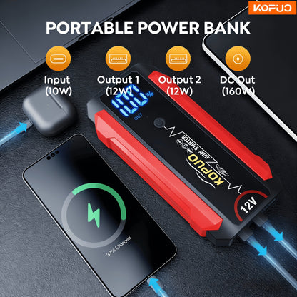 KOPUO 5000A Avviatore di Emergenza per Auto 12V, Avvia Batterie Scariche in Secondi, Booster di Batteria di Emergenza, Fino a 7.5L di Benzina & 5.5L di Diesel, Avviatore di Batteria Portatile per Auto, SUV, Furgoni, Camion & Moto, Display LCD, Torcia LED