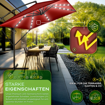 Tillvex® Tenda da Sole Rettangolare in Alluminio con LED Solare Ø 330 Cm + Copertura con Manovella | Ombrello Angolare con Luce Stradale, Supporto e Parabrezza | Grande Ombrello da Giardino in Alluminio con Protezione UV | Ombrello con Manovella, Ombrello