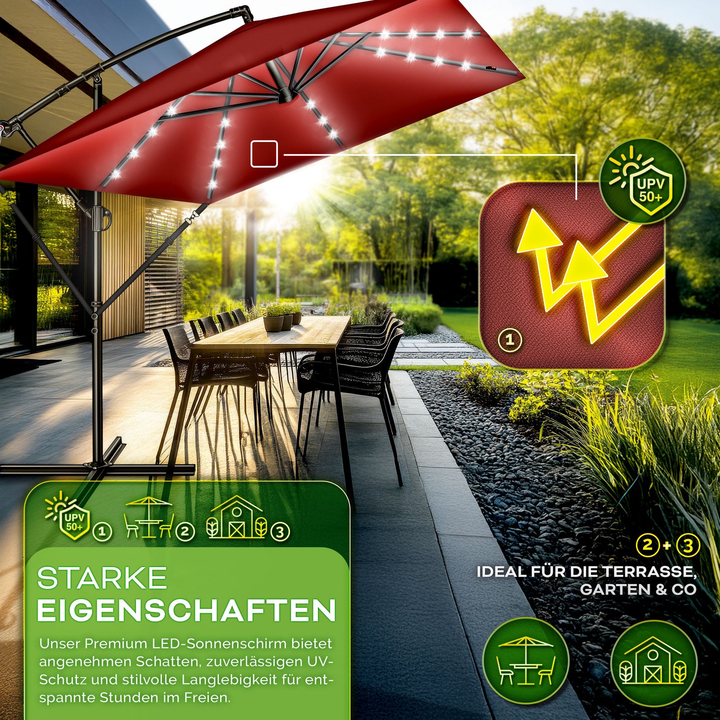 Tillvex® Tenda da Sole Rettangolare in Alluminio con LED Solare Ø 330 Cm + Copertura con Manovella | Ombrello Angolare con Luce Stradale, Supporto e Parabrezza | Grande Ombrello da Giardino in Alluminio con Protezione UV | Ombrello con Manovella, Ombrello