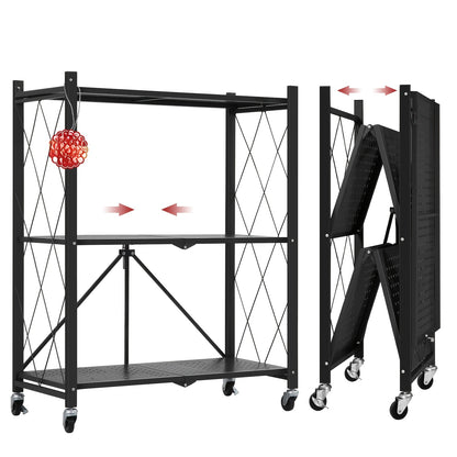 Scaffale pieghevole a 3 ripiani con ruote, scaffalatura pieghevole in metallo, carrello con ruote per riporre libri, scaffalatura pieghevole in metallo per dispensa e armadio, organizer per ufficio - Bianco/Nero
