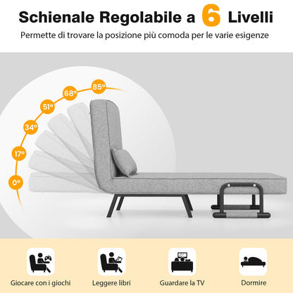 4 in 1 Poltrona Letto Singolo, Poltroncina Pieghevole con Schienale Regolabile in 6 Posizioni, Sedile Imbottito Robusto, Divano Letto per Casa Ufficio, 79x65x79 cm