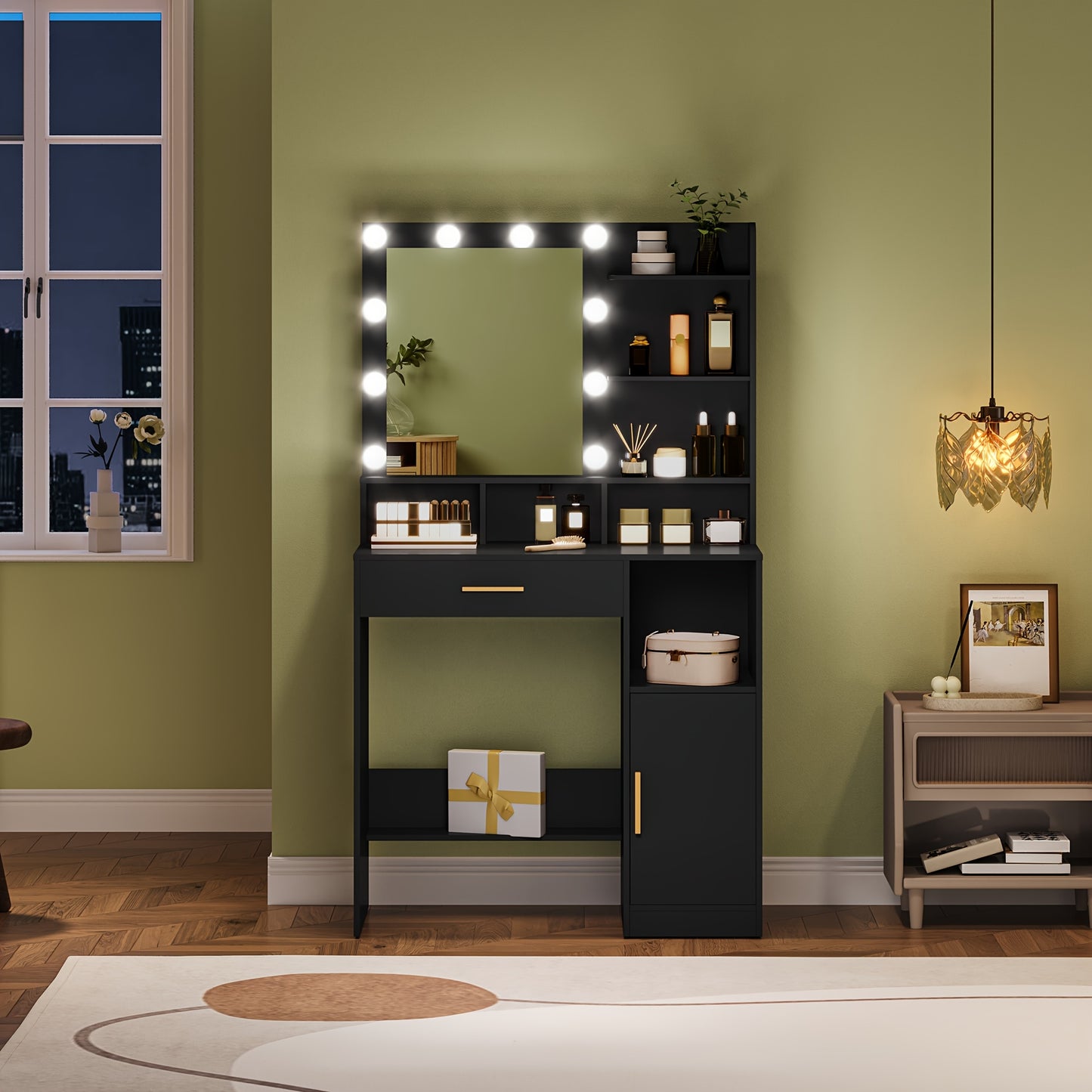 Toilette con Specchio e 10 Luci LED, Toilette con 3 Ripiani e 4 Scomparti Aperti, Toilette con Ampio Cassetto e Armadietto, 3 Livelli di Illuminazione Regolabili, Bianco, Greige