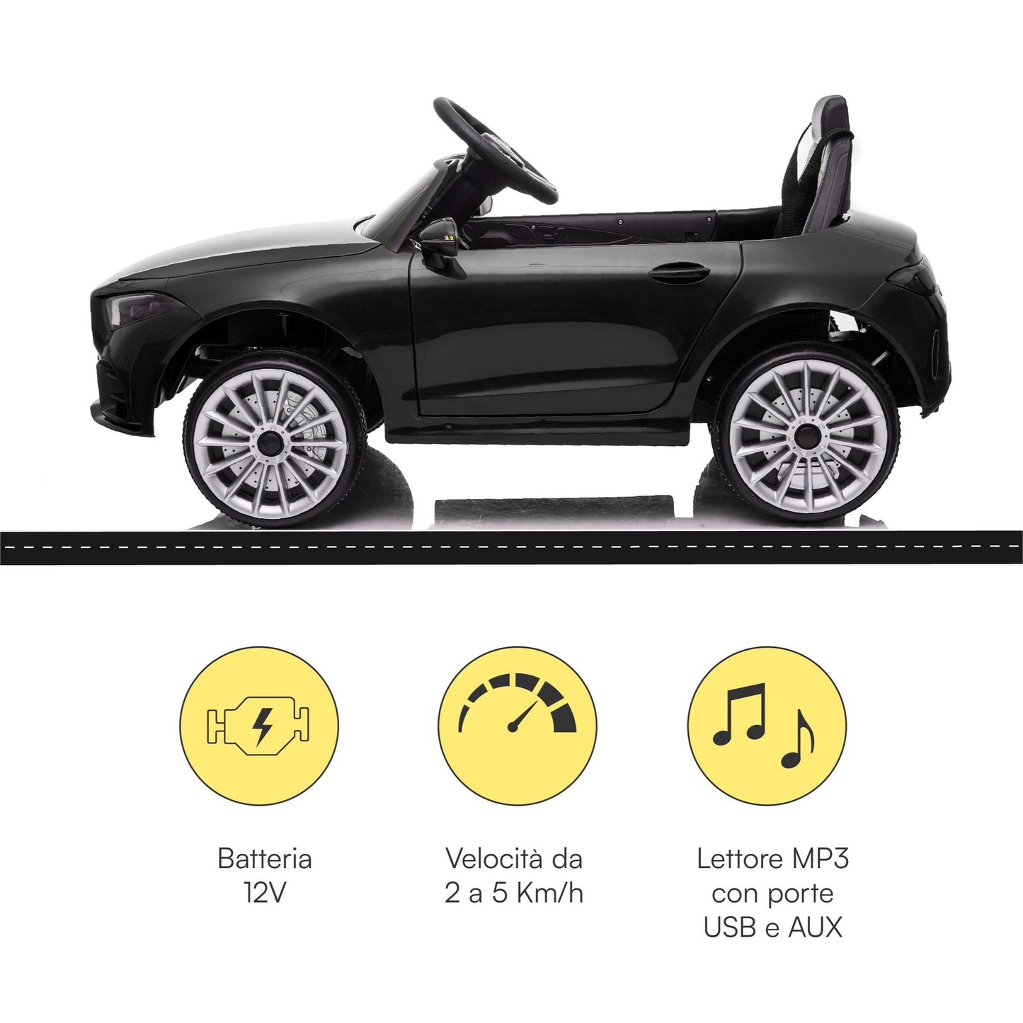 Baroni Toys Macchinina Elettrica per Bambini Nera | Bianca | Rossa, Baby Car Auto Elettrica Bimbo Bimba Full Optional con Telecomando e Lettore MP3, Macchina Bambino con Sedile in Plastica, Fari Led e Porte Apribili, Batteria 12V, Design Realistico Massim