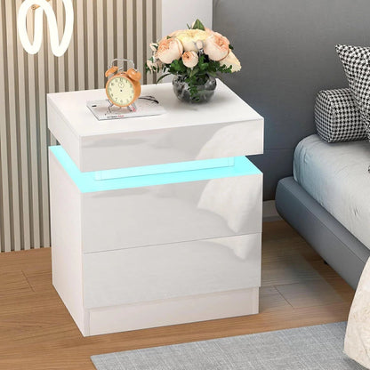 Comodino Lucido con 2/3 Cassetti, Comodino LED e Moderno Scrivania, Tavolino Laterale con Illuminazione LED a 16 Colori per Soggiorno, 45X35X55Cm / 45X35X67Cm, Bianco/Nero