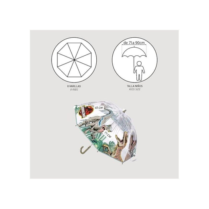 JURASSIC WORLD - Ombrello da Pioggia Trasparente e Multicolore unisex a campana per bambini DINOSAURI T-REX
