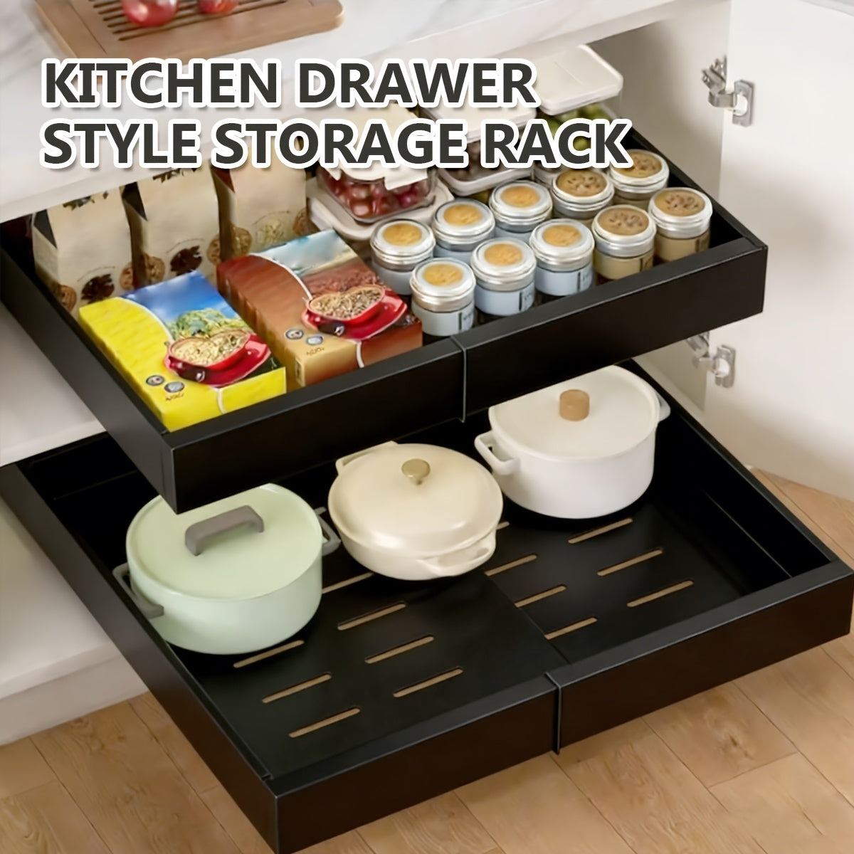 1 Confezione di organizer per mobili a scorrimento Heavy Duty - Larghezza espandibile da 32.0cm a 52.32cm, profondità 43,18cm, doppia montatura adesiva/trapano, contenitore multiuso per cucina, bagno, cassetti da garage, mobili da cucina