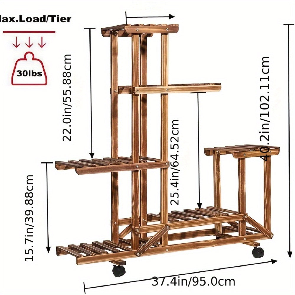 Scaffale per fiori a 6 ripiani di grandi dimensioni con ruote, espositore per vasi da giardino in legno di pino per patio, verande, balconi, interni, esterni, scaffale da terra, scaffale da terra